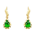 14K yellow gold drop earrings with pear-shaped green CZ stone in diamond-cut scalloped frame and leaf detail kidney wire, on white background