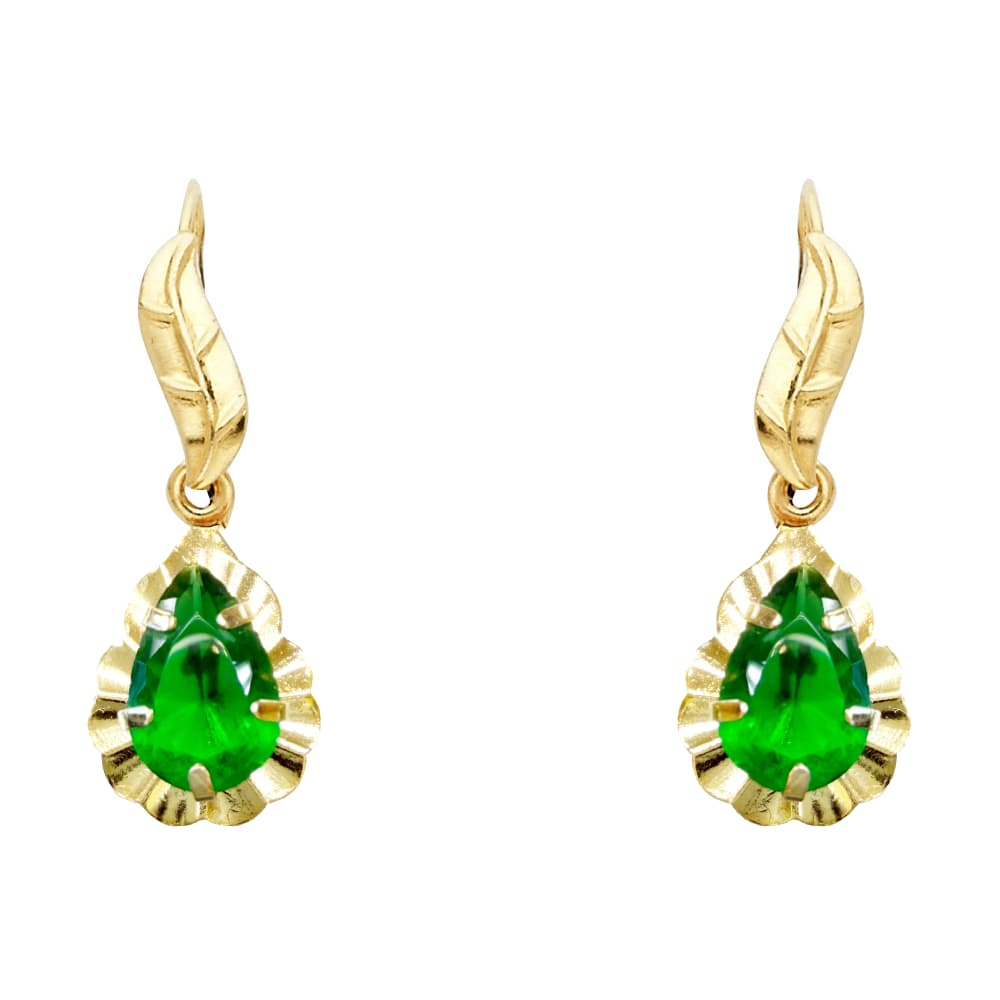 14K yellow gold drop earrings with pear-shaped green CZ stone in diamond-cut scalloped frame and leaf detail kidney wire, on white background