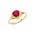 14K yellow gold heart shaped red cubic zirconia halo ring with clear CZ accents on polished band on white background