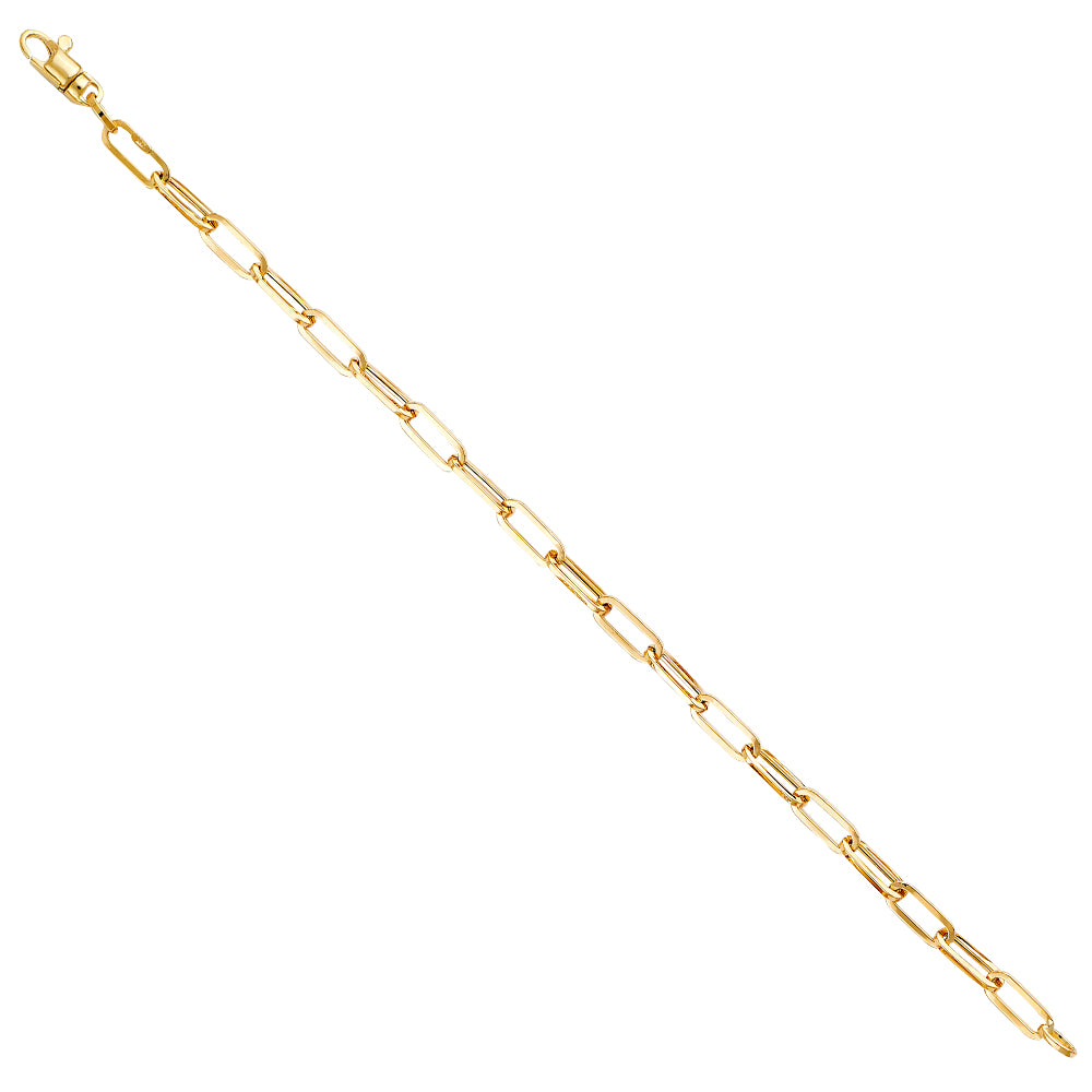 14K yellow gold hollow paperclip link chain bracelet with lobster clasp on white background