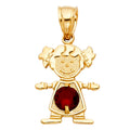 14K yellow gold girl pendant with red cubic zirconia January birthstone charm polished finish on white background