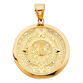 14K yellow gold large Aztec calendar pendant 35mm round sun stone design detailed engraving on white background