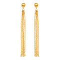 14K yellow gold long chain dangle earrings with multi strand design and polished finish on white background