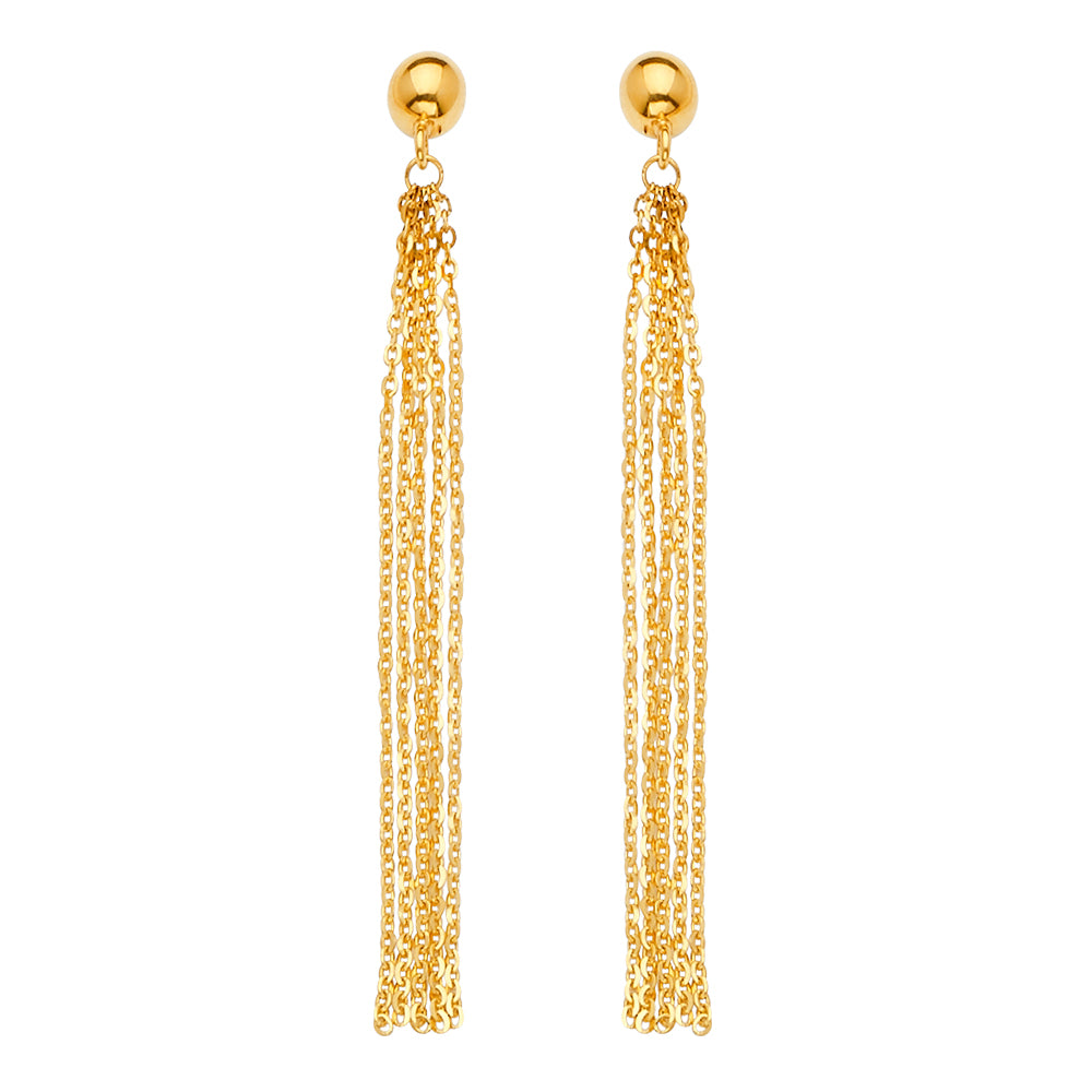 14K yellow gold long chain dangle earrings with multi strand design and polished finish on white background