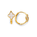 14K yellow gold lucky clover huggie earrings with mother of pearl design and polished finish on white background