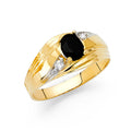 14K yellow gold men's statement ring with prong-set oval black CZ center stone and white CZ diagonal accents on white background