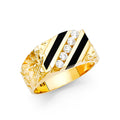 14K yellow gold men's onyx ring with black inlay and cubic zirconia center row polished finish on white background