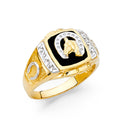 14K yellow gold mens onyx ring with horseshoe and horse head design and cubic zirconia accents on white background