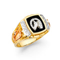 14K yellow gold men's onyx ring with black stone and bold 15mm statement design polished finish on white background