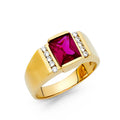 14K yellow gold men's statement ring with bezel-set square red CZ center stone and CZ pavé side accents on white background