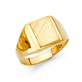 14K yellow gold mens square signet ring with brushed center and polished edges on white background