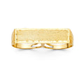 14K yellow gold men's two finger statement ring with wide satin finish top and nugget textured sides on white background