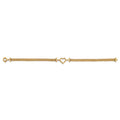 14K yellow gold wide mesh chain bracelet with open heart outline charm and bar connectors, 7.25 inches, spring ring clasp, on white background