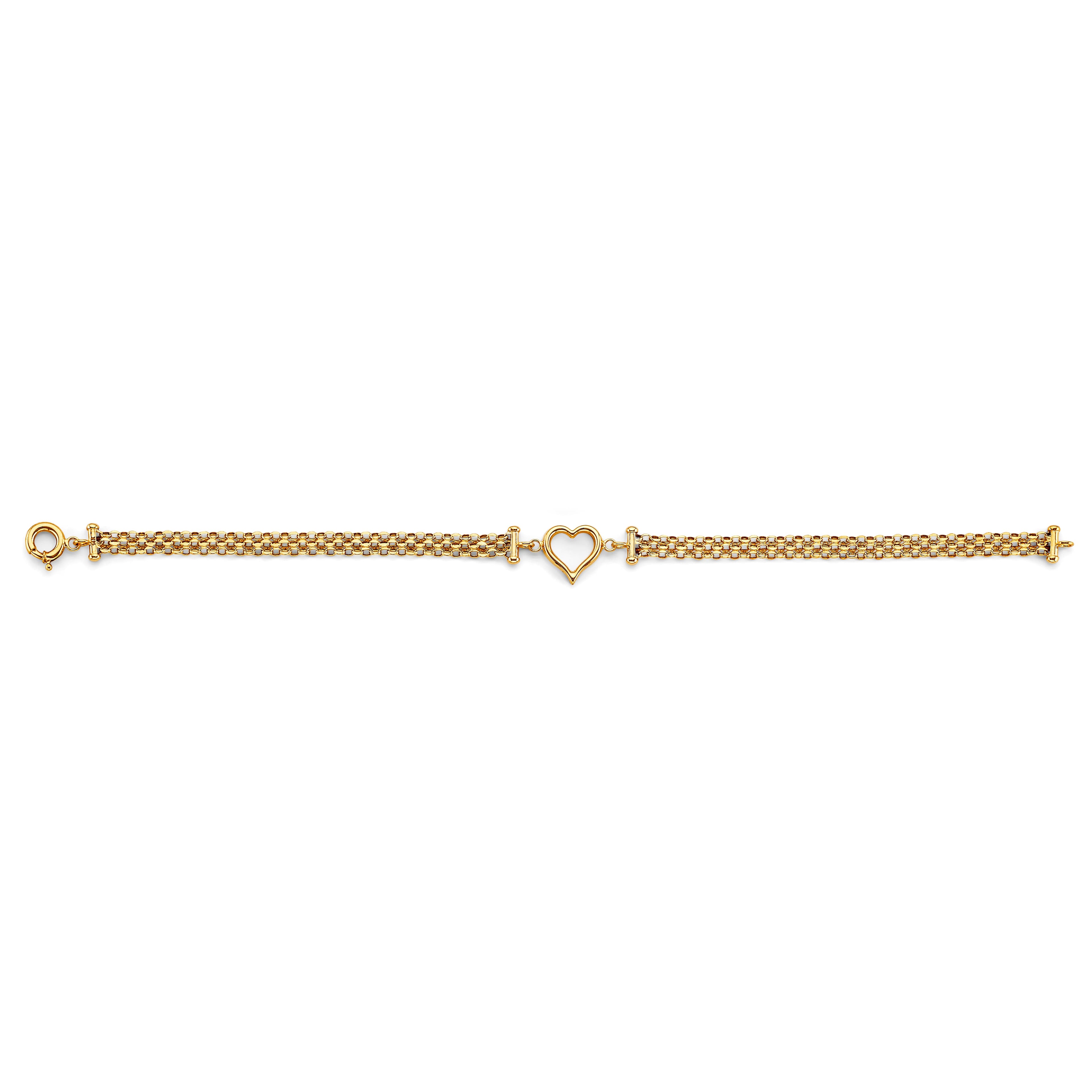 14K yellow gold wide mesh chain bracelet with open heart outline charm and bar connectors, 7.25 inches, spring ring clasp, on white background