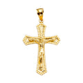 14K yellow gold crucifix pendant with milgrain bead border, diamond-cut texture, and flared pointed tips, 45mm, on white background