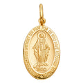 14K yellow gold Miraculous Medal pendant with Virgin Mary engraving and prayer inscription, 28mm, on white background