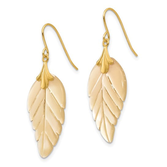 14K yellow gold mother of pearl leaf dangle earrings front pair view on white background