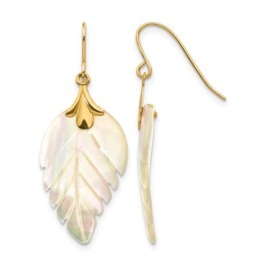 14K yellow gold mother of pearl leaf earring front and side view on white background