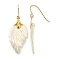 14K yellow gold mother of pearl leaf earring front and side view on white background