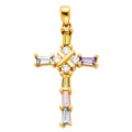 14K yellow gold cross pendant with multicolor baguette CZ stones along each arm and round white CZ center accents on white background