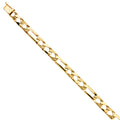 14K yellow gold heavy nugget textured Figaro link bracelet with polished and diamond-cut alternating links on white background