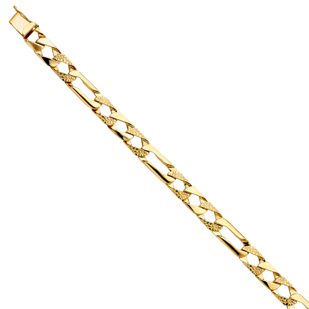 14K yellow gold heavy nugget textured Figaro link bracelet with polished and diamond-cut alternating links on white background