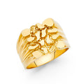 14K yellow gold men's nugget ring with organic texture pattern and polished grooved shoulders, 15mm wide, on white background