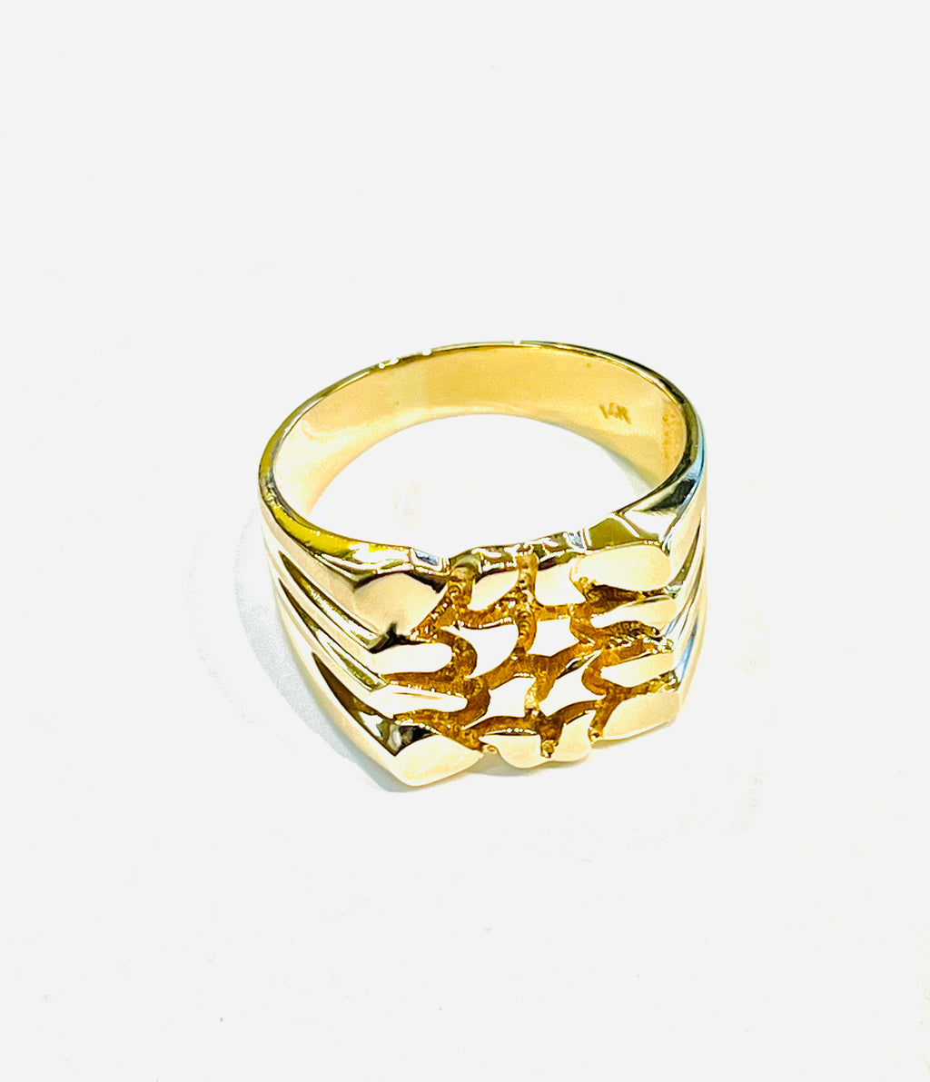 14K yellow gold men's nugget ring front view showing bold nugget texture pattern and wide polished band
