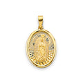 14K yellow gold Our Lady of Guadalupe oval medal pendant with diamond-cut sunburst background on white background