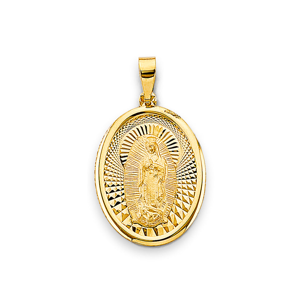 14K yellow gold Our Lady of Guadalupe oval medal pendant with diamond-cut sunburst background on white background