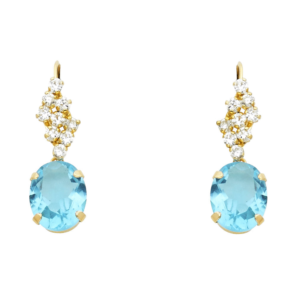 14K yellow gold drop earrings with oval blue CZ stone and round CZ chevron cluster kidney wire, on white background
