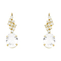 14K yellow gold drop earrings with oval white CZ stone and round CZ chevron cluster kidney wire, on white background