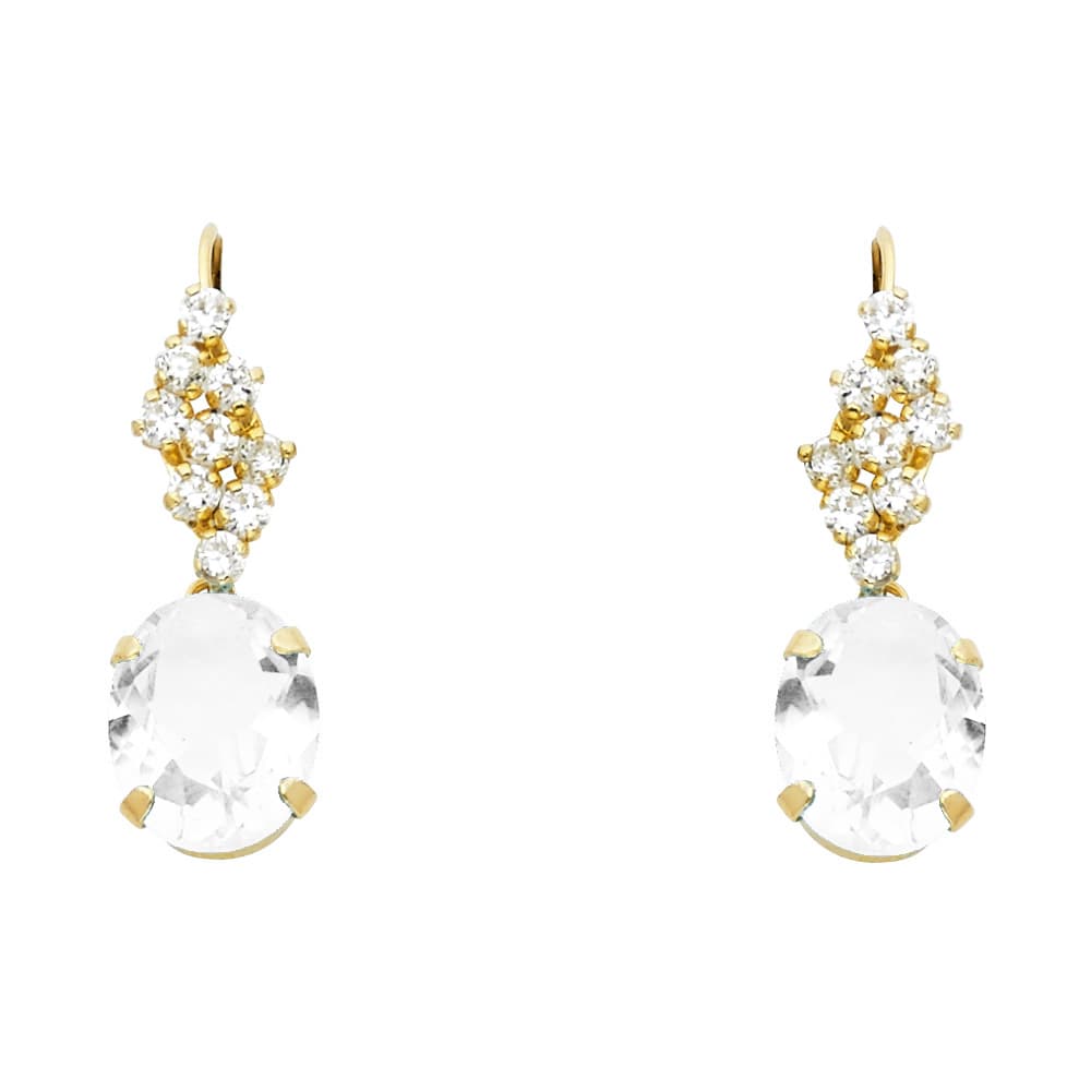 14K yellow gold drop earrings with oval white CZ stone and round CZ chevron cluster kidney wire, on white background