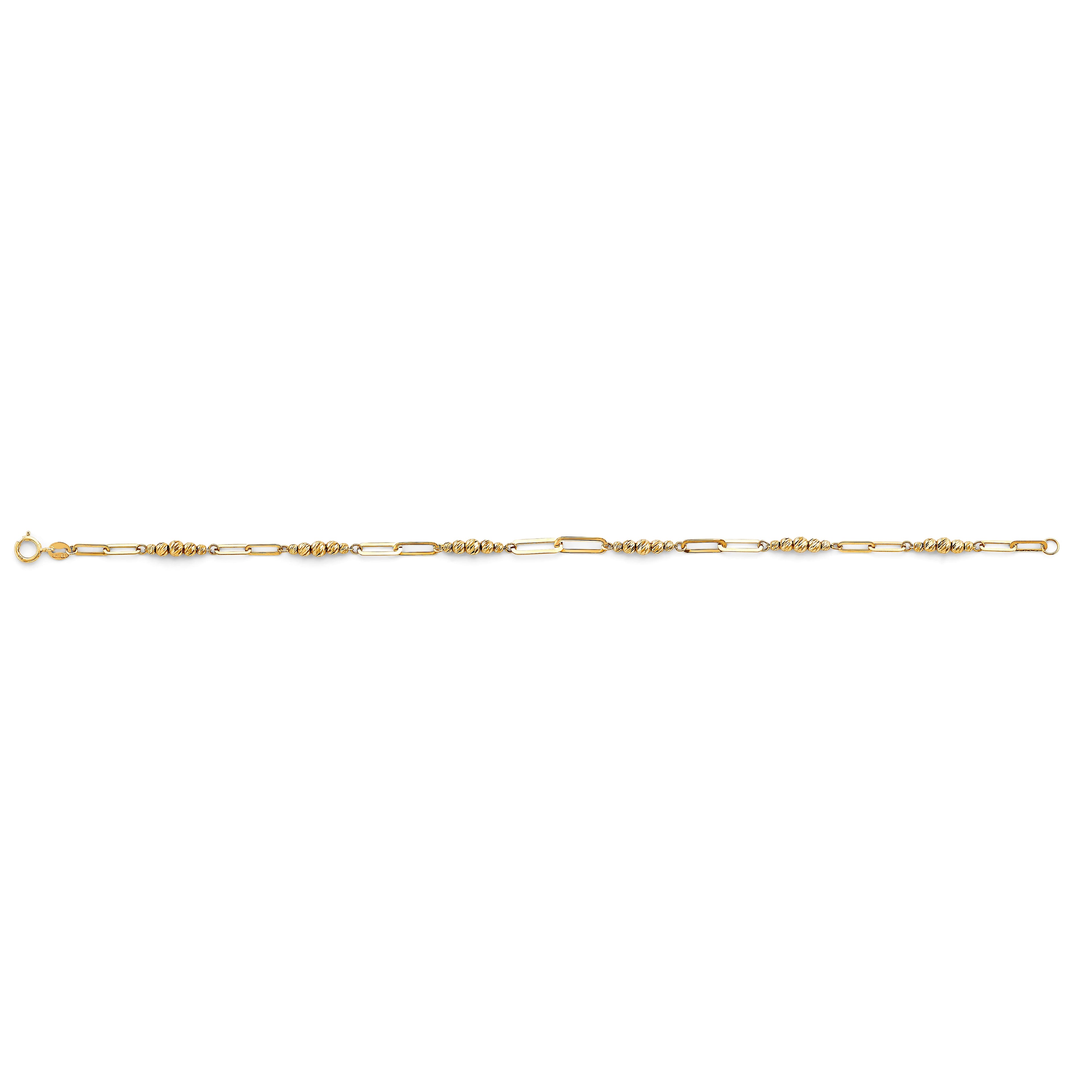 14K yellow gold bracelet with alternating elongated paperclip links and twisted rope bead stations on white background