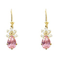14K yellow gold drop earrings with pear-shaped pink CZ stone and marquise CZ fan cluster kidney wire, on white background