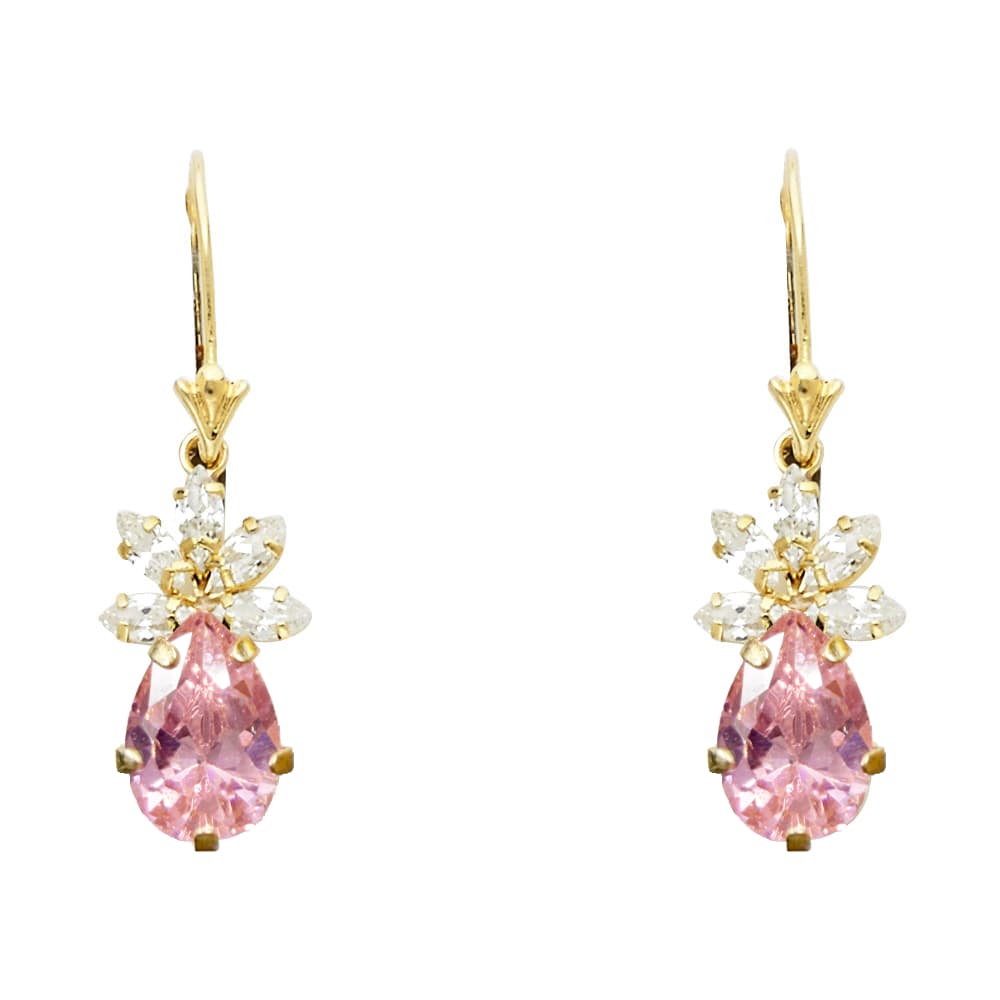14K yellow gold drop earrings with pear-shaped pink CZ stone and marquise CZ fan cluster kidney wire, on white background