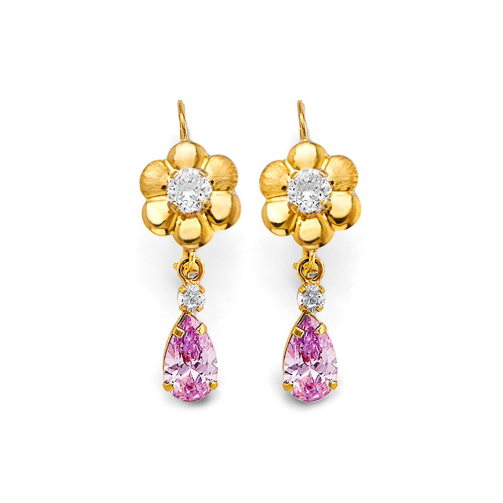 14K yellow gold flower and pear drop earrings with satin flower top, round white CZ center, and pear pink CZ drop, kidney wire closure, on white background