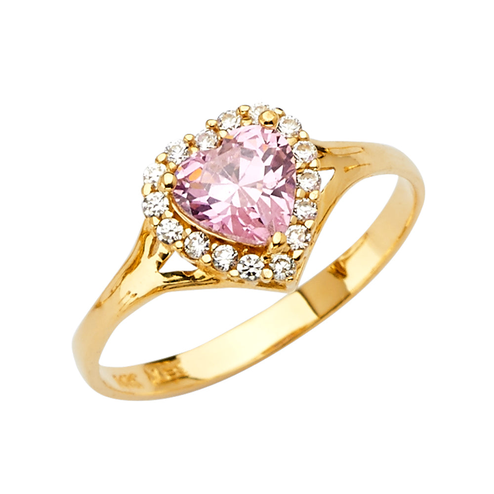 14K yellow gold pink heart cubic zirconia halo promise ring with white CZ accents on white background