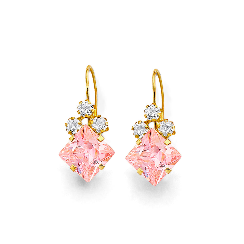 14K yellow gold drop earrings with diagonal princess-cut pink CZ stone and round CZ trio cluster kidney wire, on white background