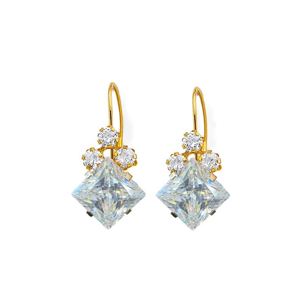 14K yellow gold drop earrings with diagonal princess-cut white CZ stone and round CZ trio cluster kidney wire, on white background