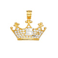 14K yellow gold Quinceañera crown pendant with pavé CZ stones and white gold number 15 on white background