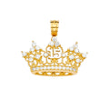 14K yellow gold Quinceañera filigree crown pendant with CZ stones and number 15 on white background