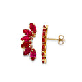 14K yellow gold ear crawler earrings with cascading marquise-cut red CZ cluster and push-back post closure, on white background