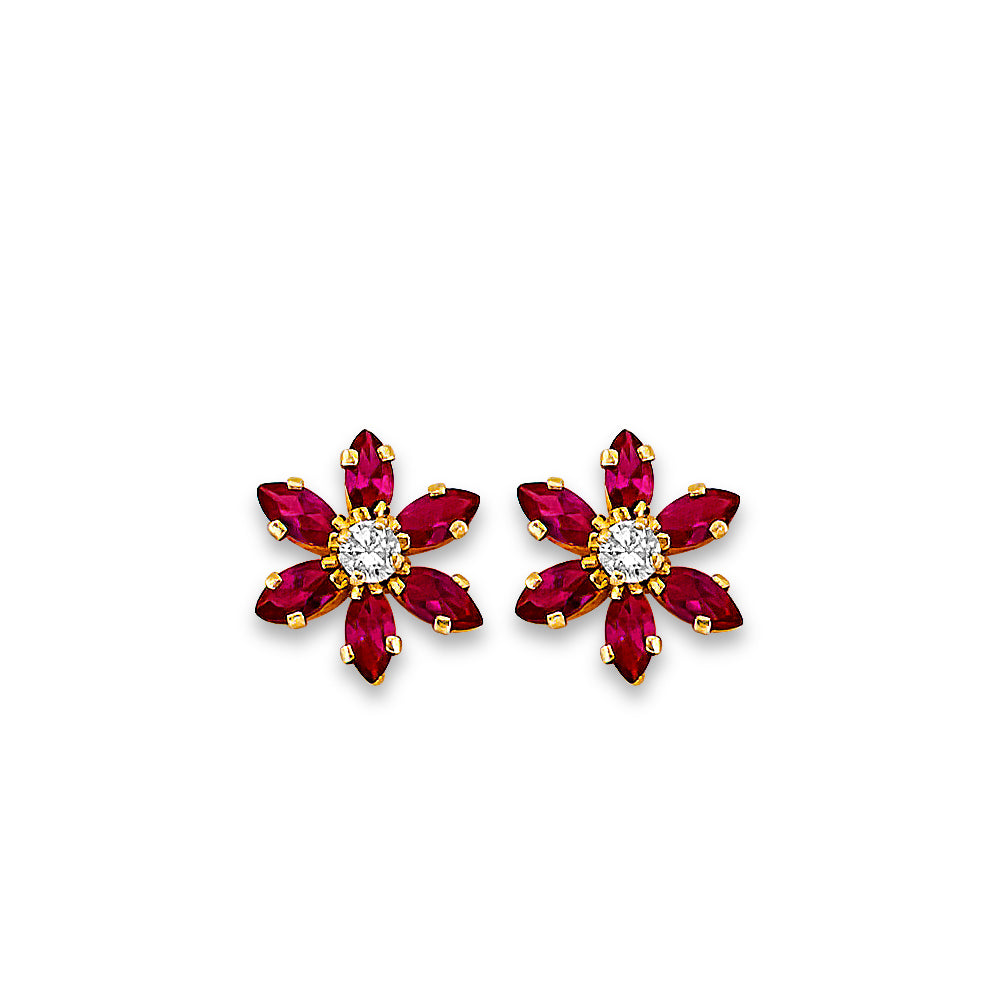 14K yellow gold flower stud earrings with marquise-cut red CZ petals and round white CZ center, screw back closure, on white background
