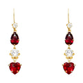 14K yellow gold cascading drop earrings with round white CZ, pear red CZ, and heart red CZ, kidney wire closure, on white background