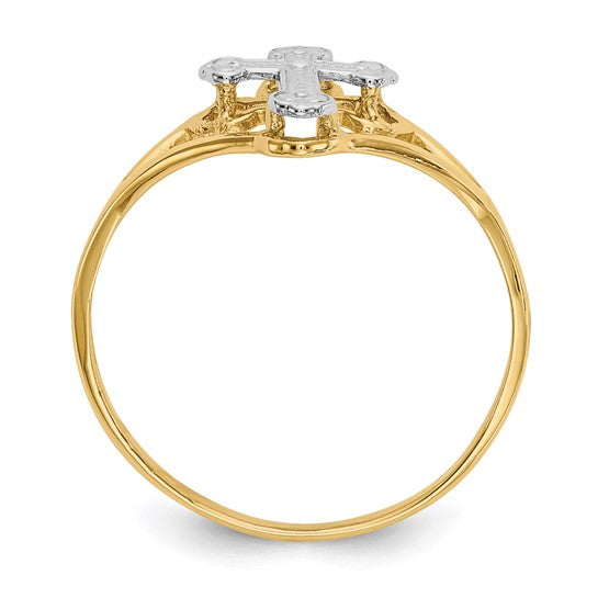 14K yellow gold rhodium accent cross ring showing raised cross and ring gallery on white background