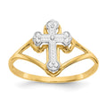 14K yellow gold rhodium accent cross ring with open split shank front view on white background