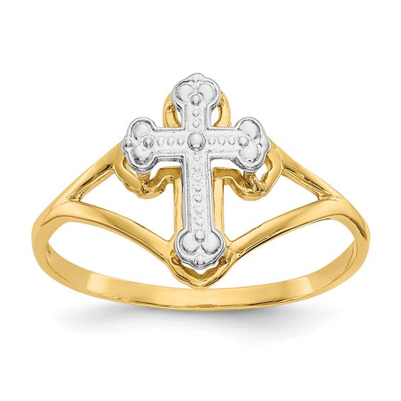 14K yellow gold rhodium accent cross ring with open split shank front view on white background