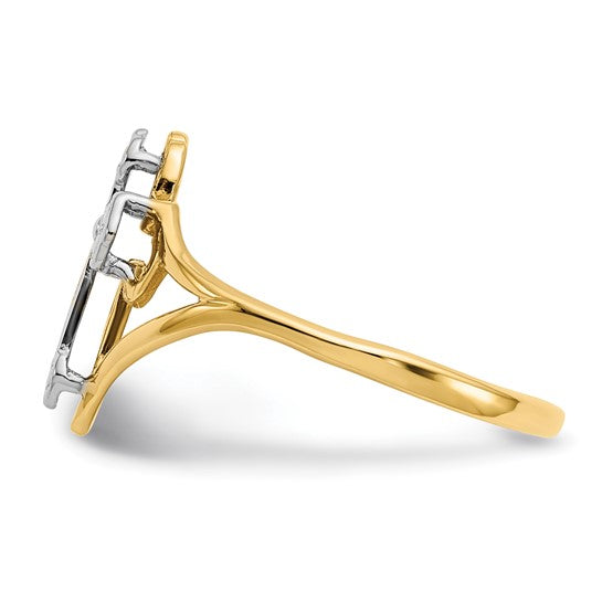 14K yellow gold rhodium accent cross ring side profile with open split shank on white background