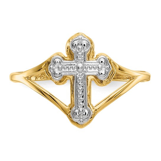14K yellow gold rhodium accent cross ring top view showing budded cross detail on white background